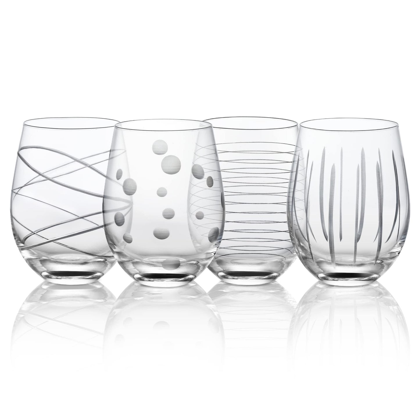 Joeyan 17.5 oz Handmade Etched Stemless Wine Glasses Set of 4, Carved Stripes Dots Crystal Wine Glasses, Large Glass Wine Tumblers for Wine Tasting, Wedding, Anniversary, Party