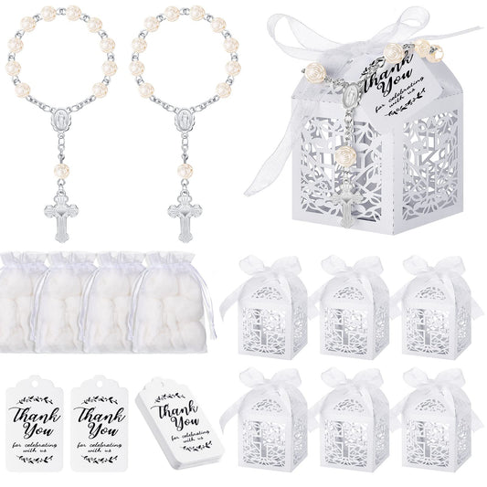 100 Pieces Baptism Favors Set Includes 25 Pieces Mini Rosary, Laser Cut Baptism Favor Boxes, White Organza Bags and 25 Pcs Thank You Tags for Bautizo Recuerdos Christening Wedding Party Supplies