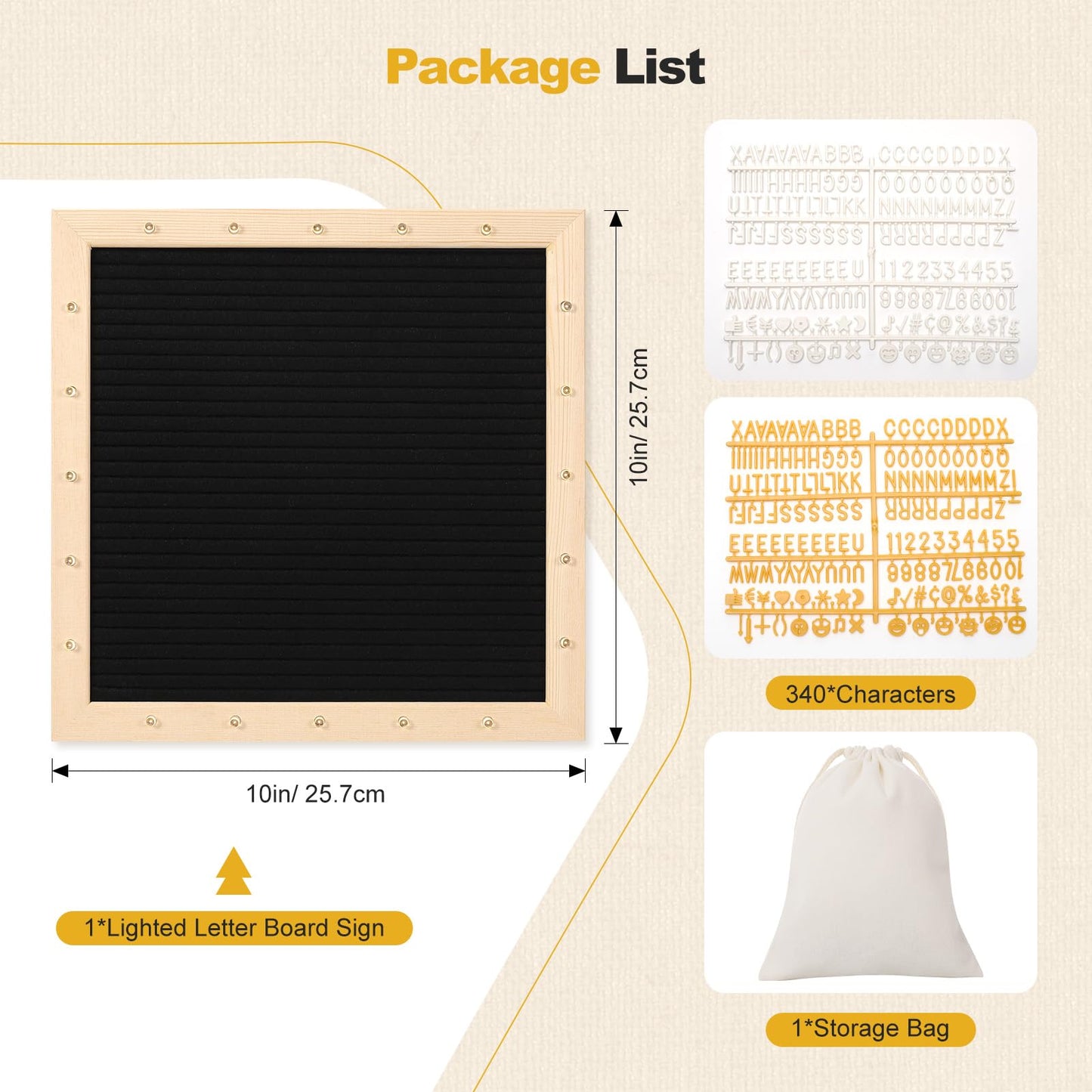 Lewondr Felt Letter Board, 10"×10" Wooden Letter Board Sign, Changeable Message Board with 20 LED Lights & 340 Letters, Pregnancy Baby Announcement Sign, First School Day Board, Black