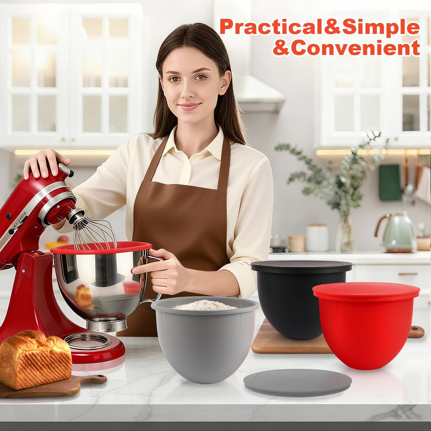 Silicone Bowl Liners with Lids for KitchenAid 5 Qt Mixers, 3-Pack Mixing Bowl Inserts Accessories