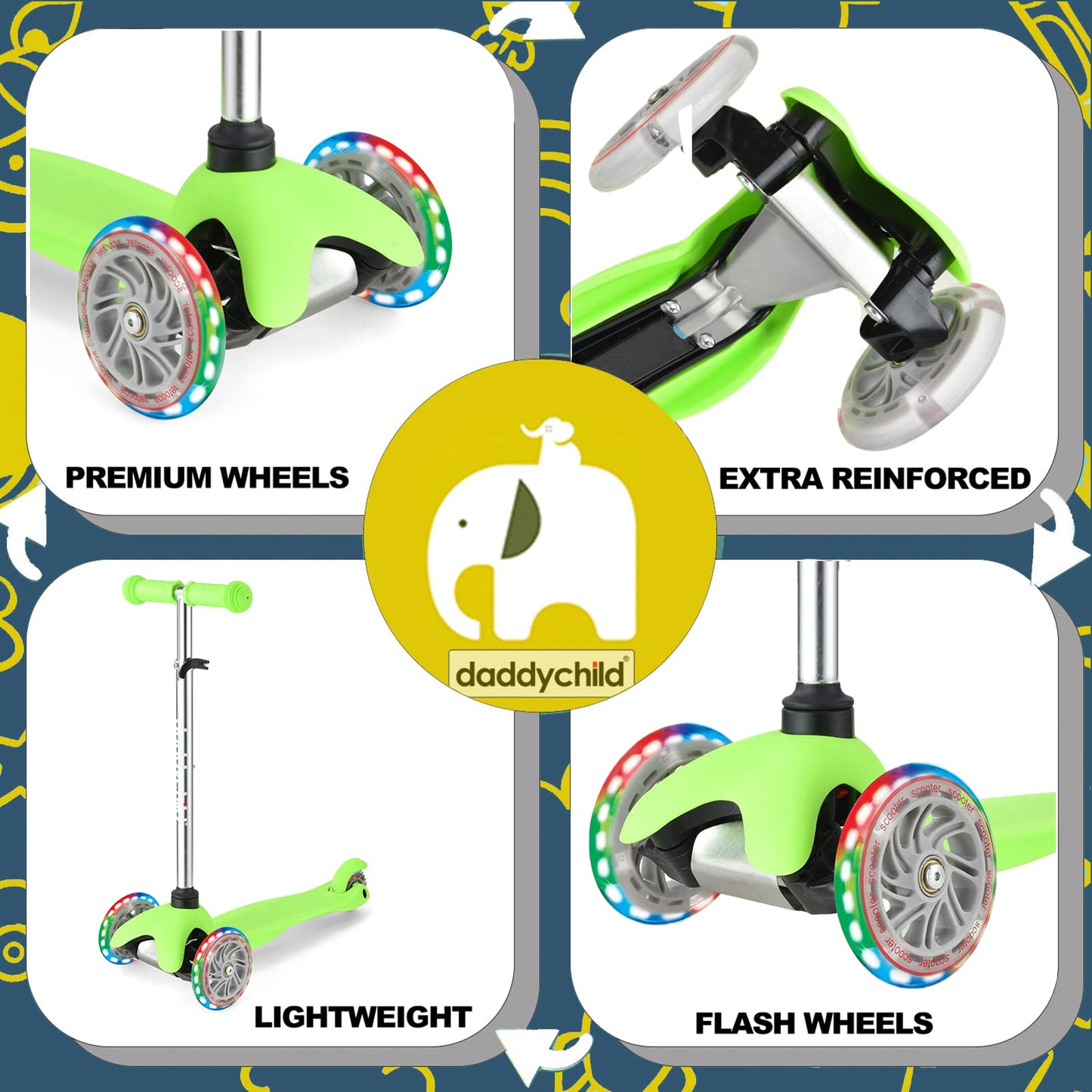 DADDYCHILD 3 Wheel Scooters for Kids, Kick Scooter for Toddlers 3-8 Years Old, Boys and Girls Scooter with Light Up Wheels, Mini Scooter for Children, Green (S909)
