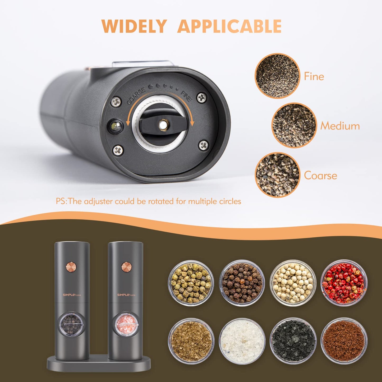SIMPLETASTE Electric Salt and Pepper Grinder Set, One-Handed, Battery Powered, Adjustable Coarseness, LED Light, Pepper Mills with Stand, Seasoning Tools for Kitchen, Dining