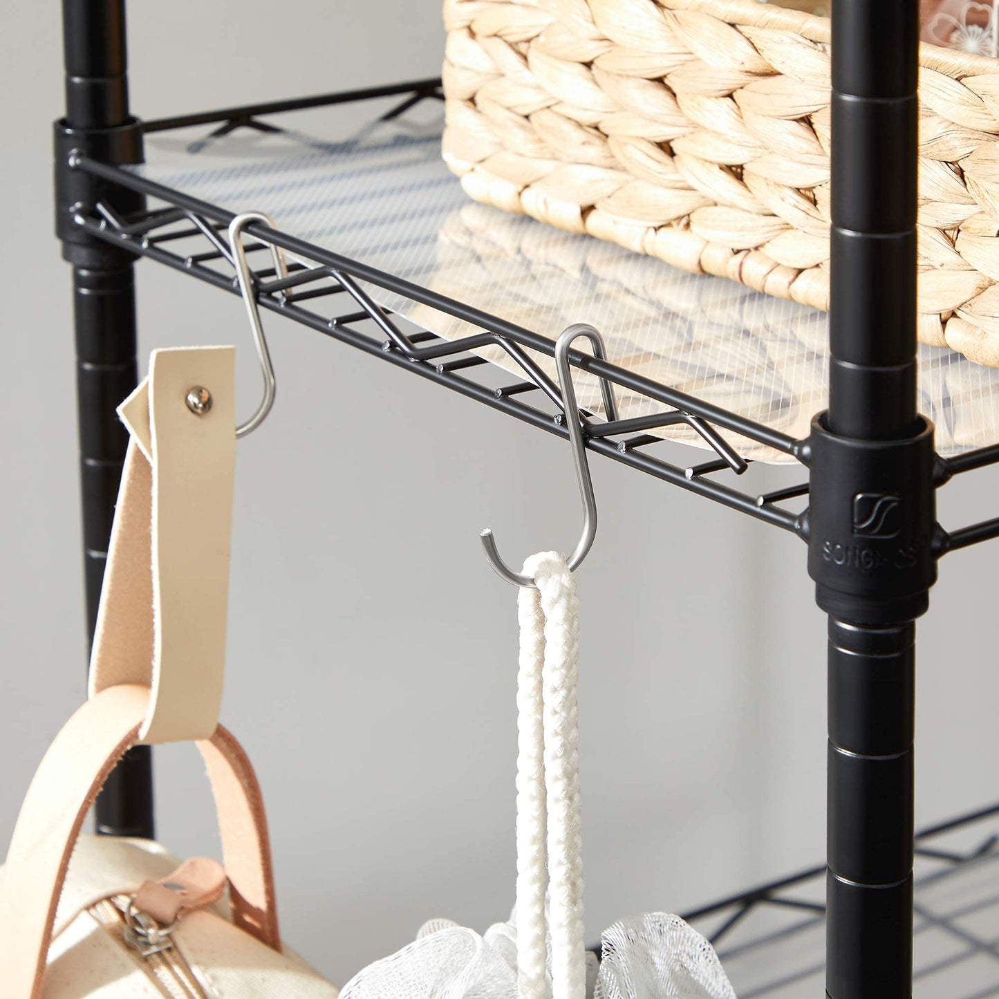 SONGMICS 5-Tier Metal Storage Shelves, Kitchen Wire Shelving Unit, Storage Rack with Adjustable Shelves, Shelf Liners, 8 Hooks, for Garage, 30 x 40 x 121 cm, Black ULGR115B01