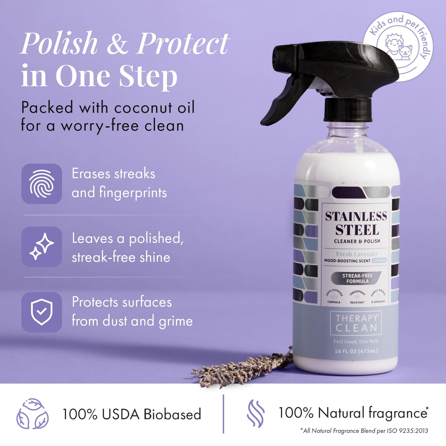 Therapy Stainless Steel Cleaner and Polish 100% USDA BioBased, Fingerprint and Residue Remover, Lavender Essential Oil Scent, Sink Cleaner, Grill Cleaner Spray