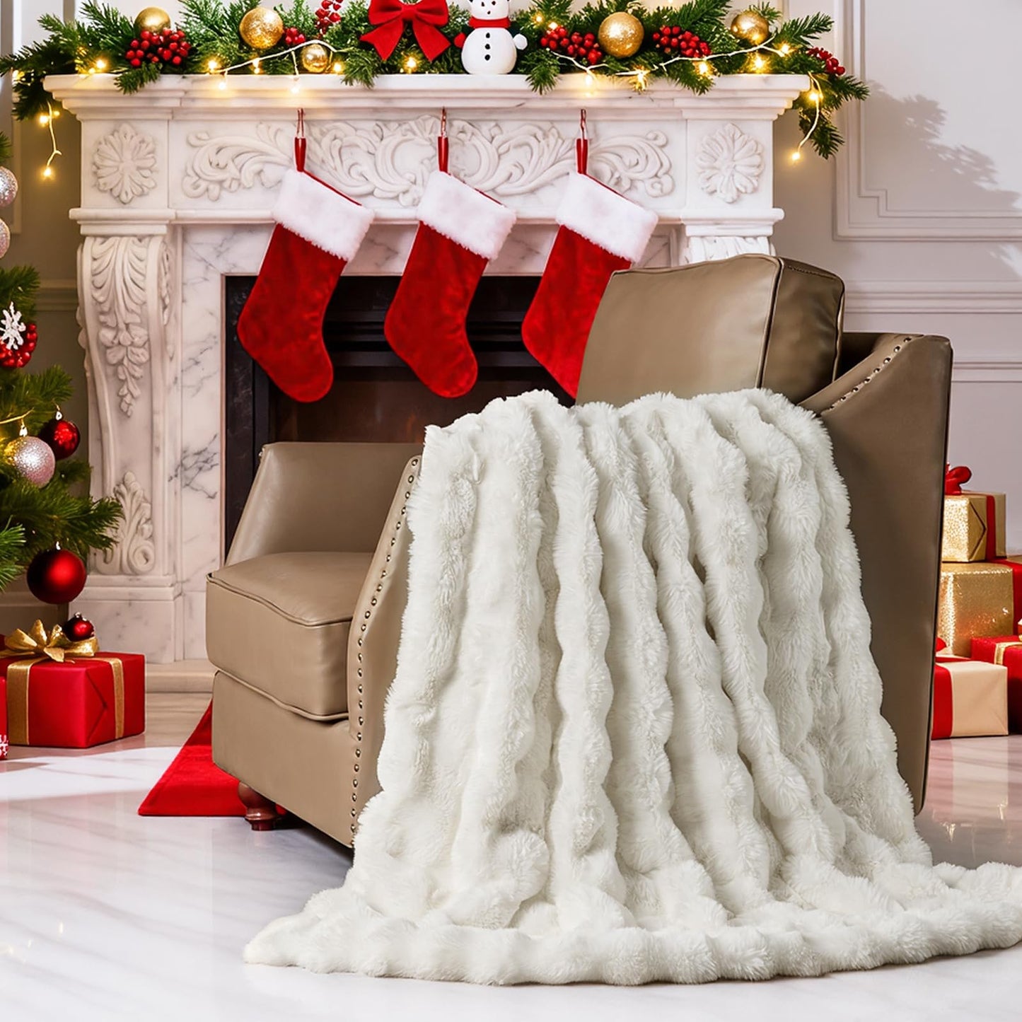 Lotus Karen Faux Fur Throw Blanket Cream White - Big Bubble Rabbit Fluff Blanket for Couch, Small Fluffy Fuzzy Cozy Blanket, Thick Furry Plush Shaggy Blankets, 50x60 Inches