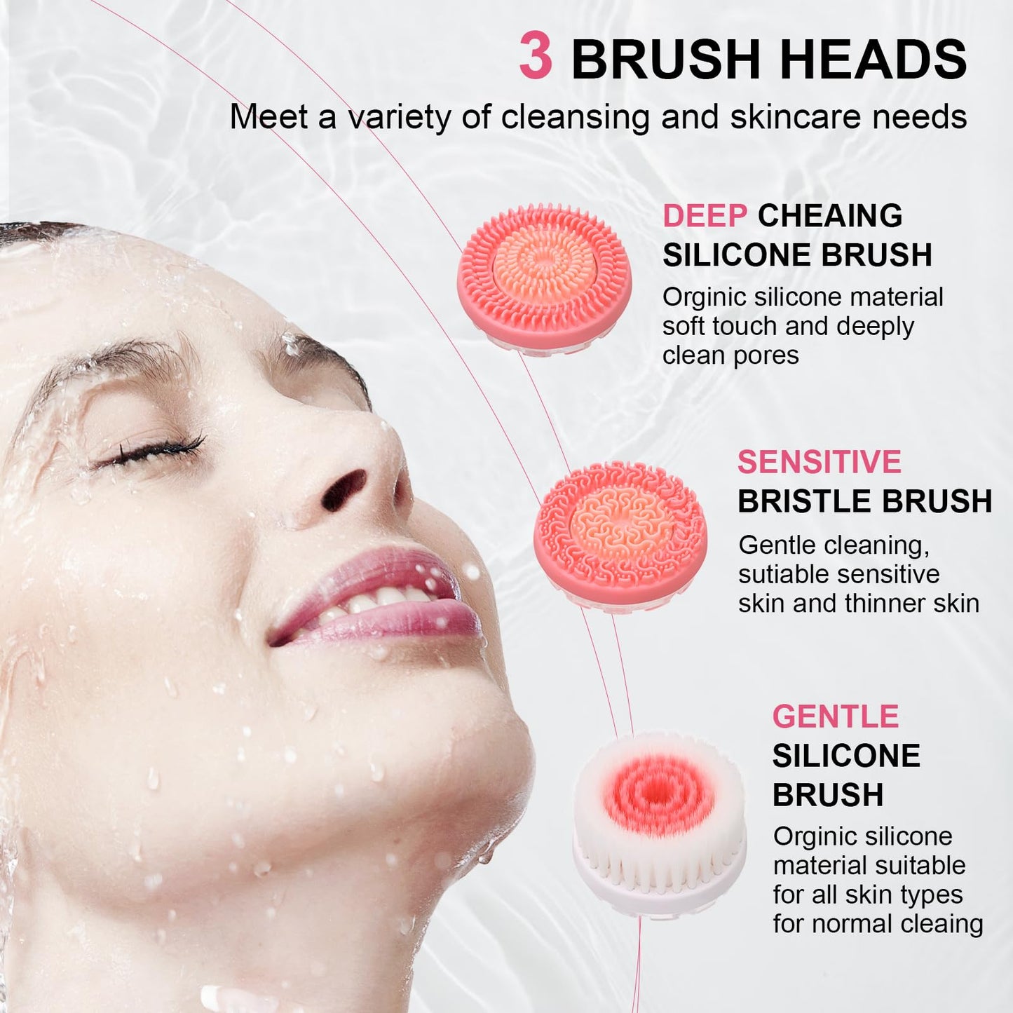 Facial Cleansing Brush, Waterproof Dual-Rotation Face Scrubber Exfoliator with 3 Brush Heads and 2 Adjustable Speeds, Rechargeable Exfoliating Face Brushes for Cleansing and Skin Care (Pink)