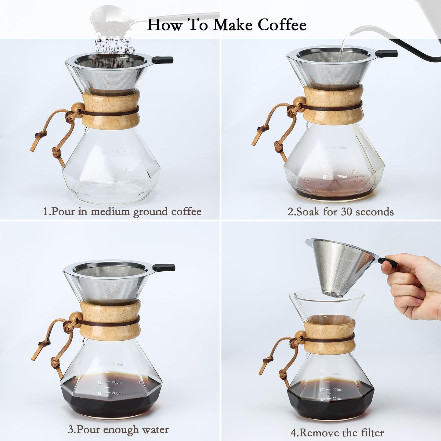 Lalord Pour Over Coffee Maker with Stainless Steel Filter, 600 ml Borosilicate Glass Coffee Maker Carafe, Wooden Collar, Coffee Dripper Brewer, Hold 3 Cups, 20 oz, Clear