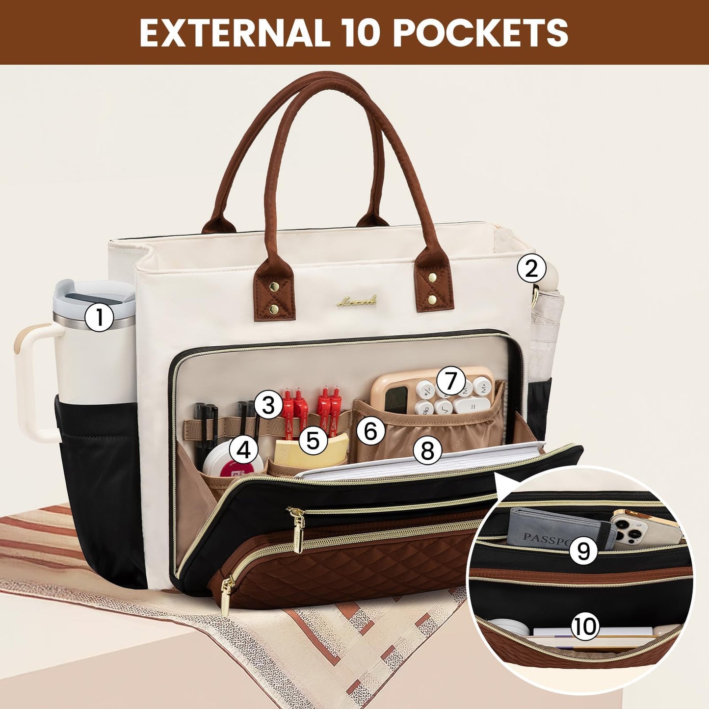 LOVEVOOK Teacher Tote Bag for Women Work, Laptop Bag With Large Cup Holder, Nurse Bags Professional Briefcase Business Computer Purses Handbag, Black-Beige-Brown, 15.6 Inch