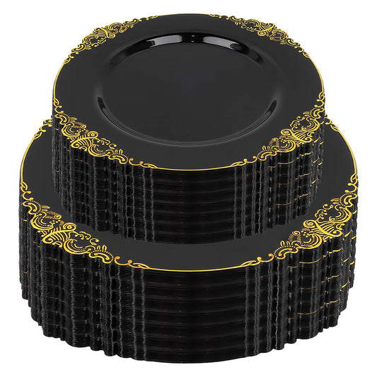 102pcs Black and Gold Plastic Plates, Disposable Party Plate Bulk, Include 51pcs 7.5inch Small Dessert Plates, 10.25inch Large Dinner Plates for Wedding Birthday Christmas Halloween Buffet Parties