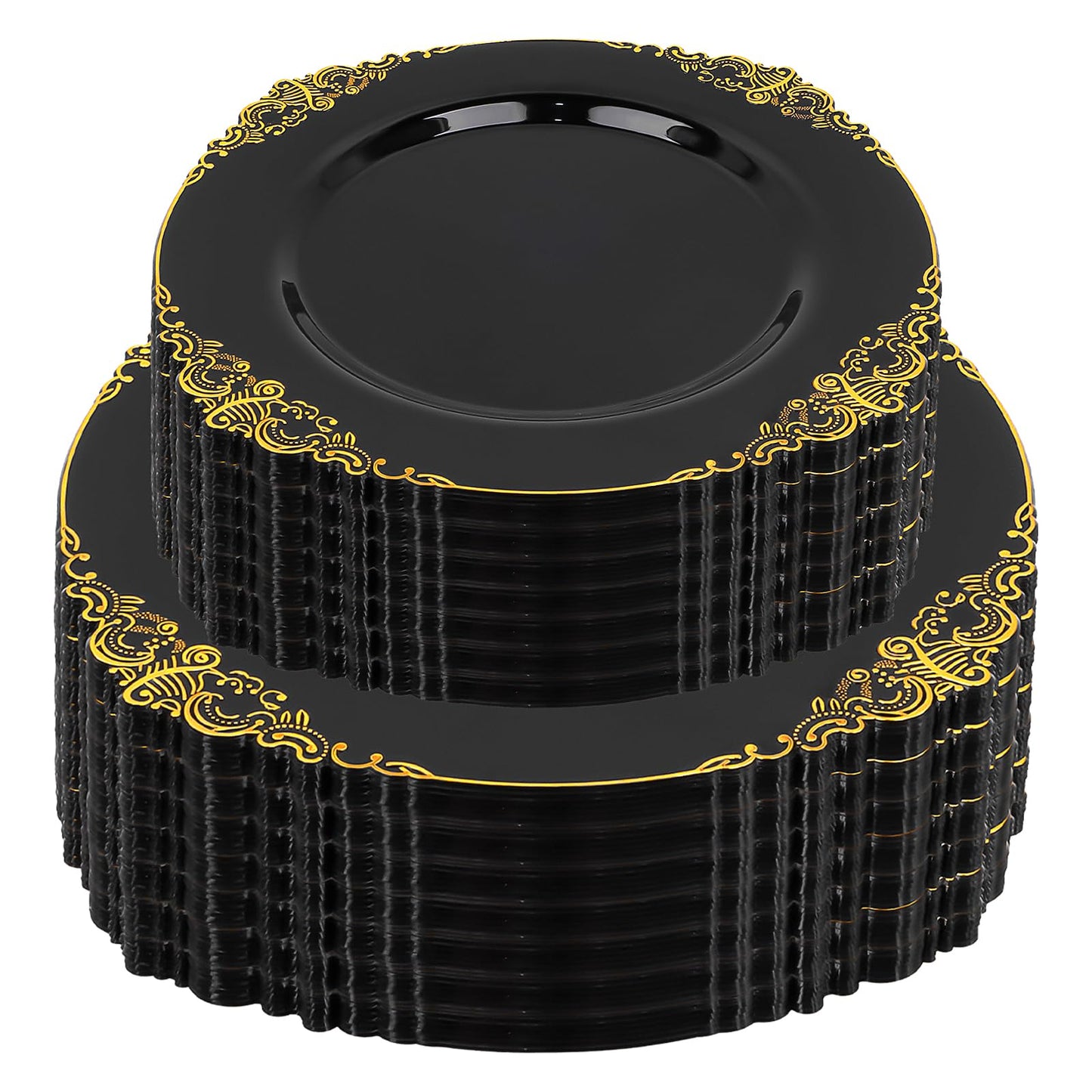102pcs Black and Gold Plastic Plates, Disposable Party Plate Bulk, Include 51pcs 7.5inch Small Dessert Plates, 10.25inch Large Dinner Plates for Wedding Birthday Christmas Halloween Buffet Parties