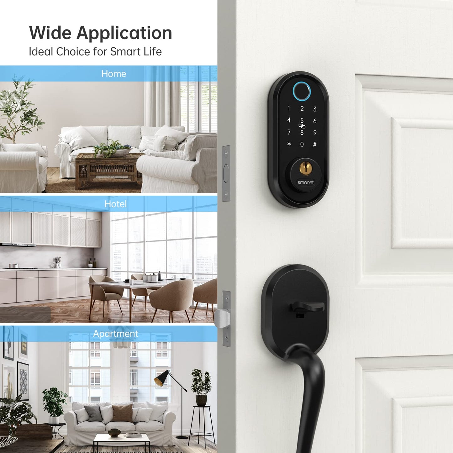 SMONET Smart Front Door Lock: Keyless Entry Door Lock for Front Door, Electronic Bluetooth Deadbolt with Biometric Fingerprint, Keys, Fobs, Auto Lock, Smart Phone Control for Home,Apartment