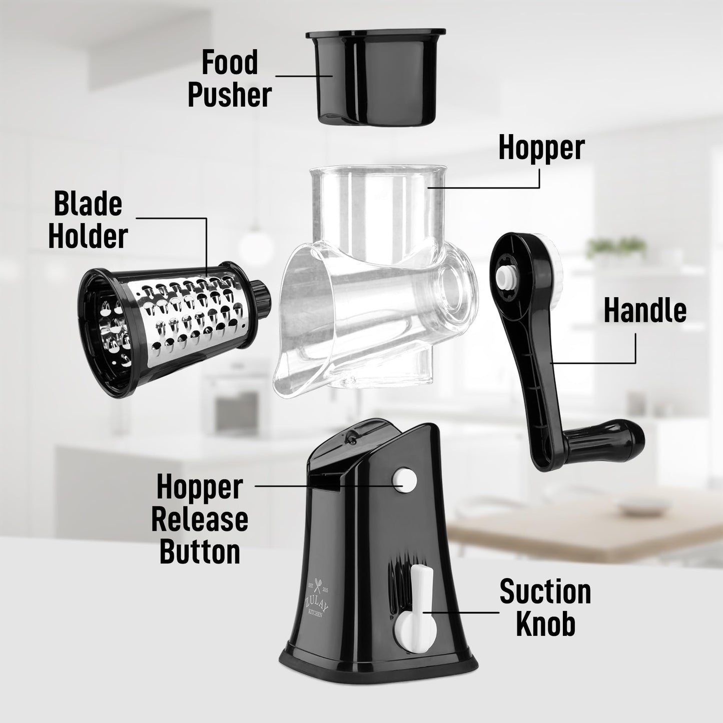 Zulay Kitchen 5-Blade Rotary Cheese Grater - Manual Hand Crank Cheese Shredder with Reinforced Suction & 5 Interchangeable Drums - Vegetable Chopper & Round Mandoline Slicer