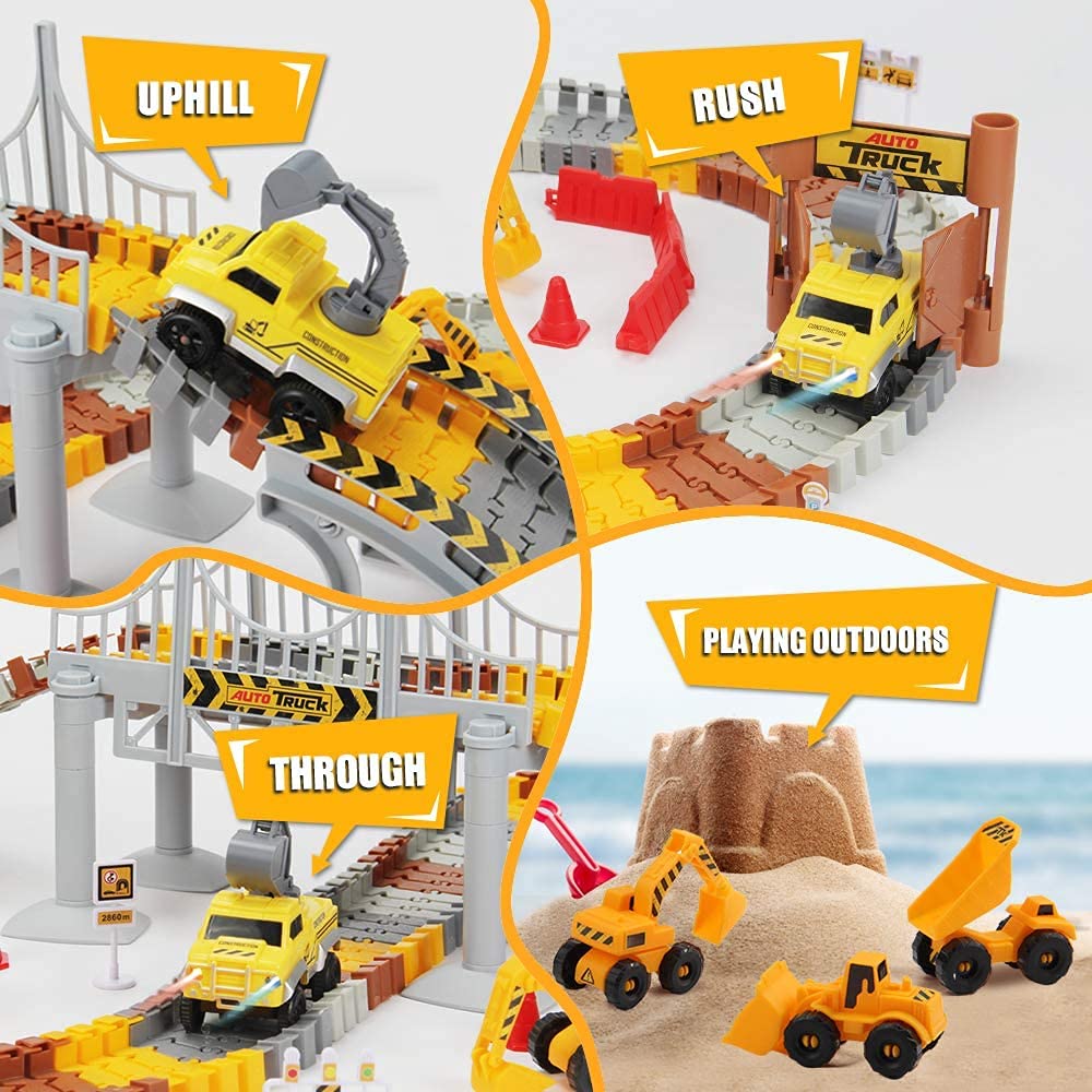 Construction Race Tracks Set, Flexible Train Tracks w/ 2 Electric Construction Race Vehicles w/Lights, STEM Engineering Race Track Toys with Dump Truck, Crane Assort Acessories for Boys Girls