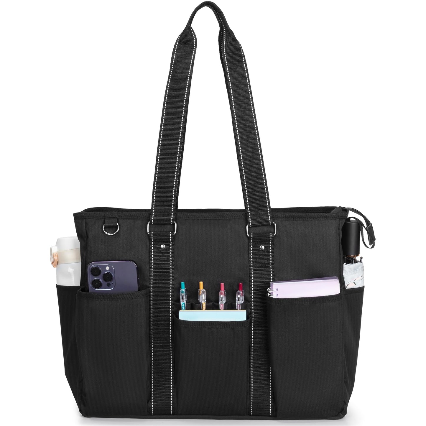 Damero Teacher Tote Bag with Padded Laptop Sleeve, Teacher Work Bag Utility Bag for School, Black