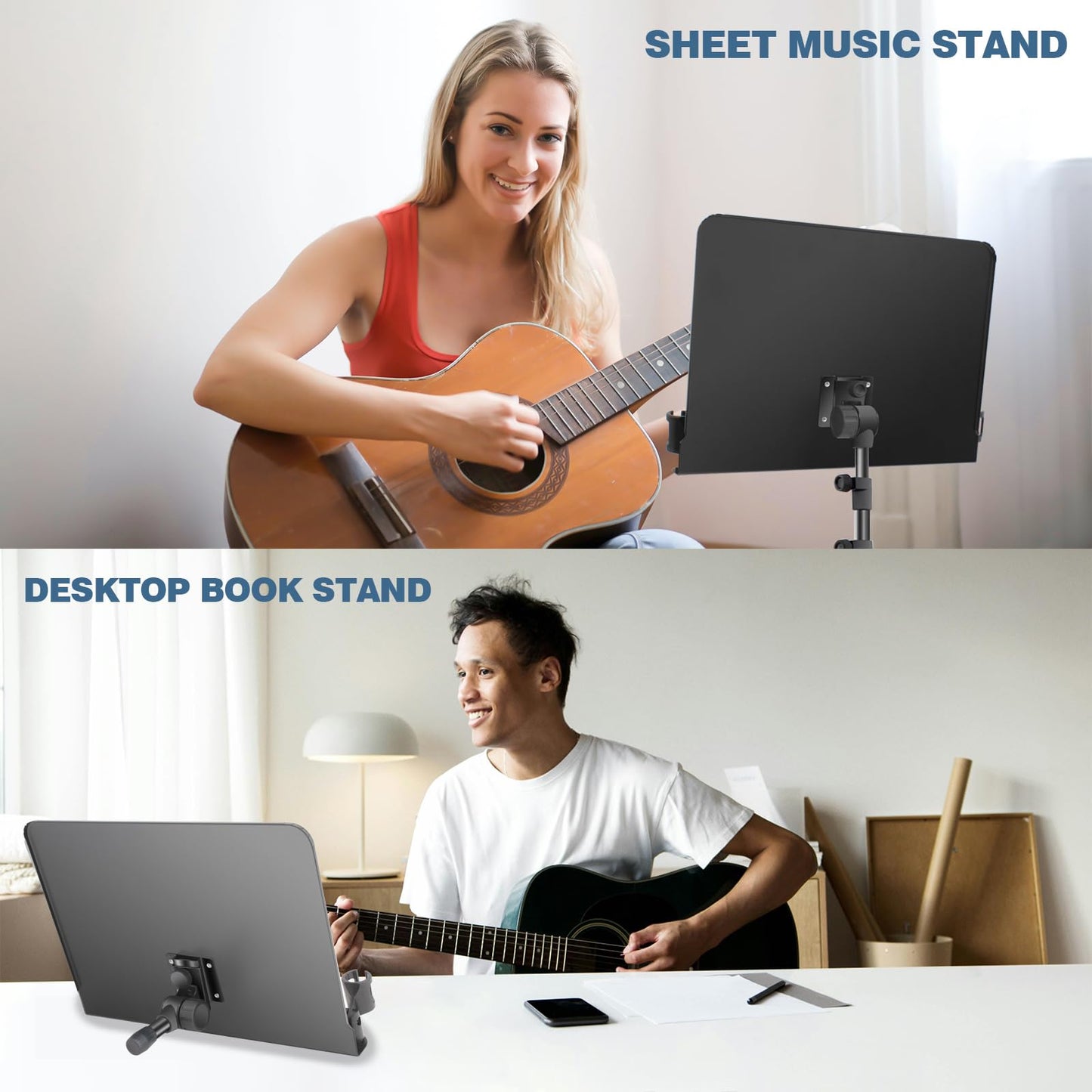 5 in 1 Dual-use Sheet Music Stand & Desktop Book Stand, Height Adjustable from 23.6-59 in, Folding Music Stand with Portable Carrying Bag, Sheet Music Folder & Rechargeable Music Stand Light