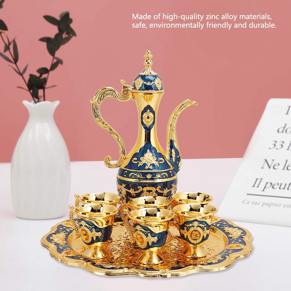 Vintage Turkish Coffee Pot Set 6 Tea Cups Small Metal Tea Set Tea Tray Teapot Tea Water Serving Set for Turkish Coffee, Arabic Coffees, Greek Coffees