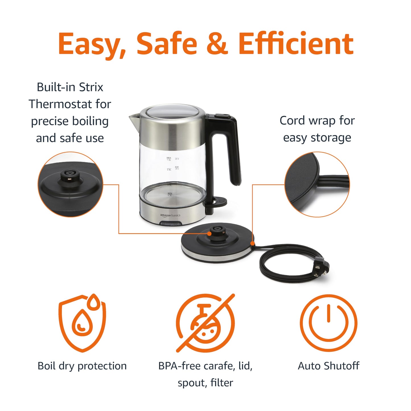 Amazon Basics 1.8-Qt (1.7L) Electric Kettle, Electric Tea Kettle & Water Boiler, With Auto Shut-Off, Boil Dry Protection, High-Safety Strix Thermostat, BPA-Free, 1500W, Glass Carafe, Black & Silver