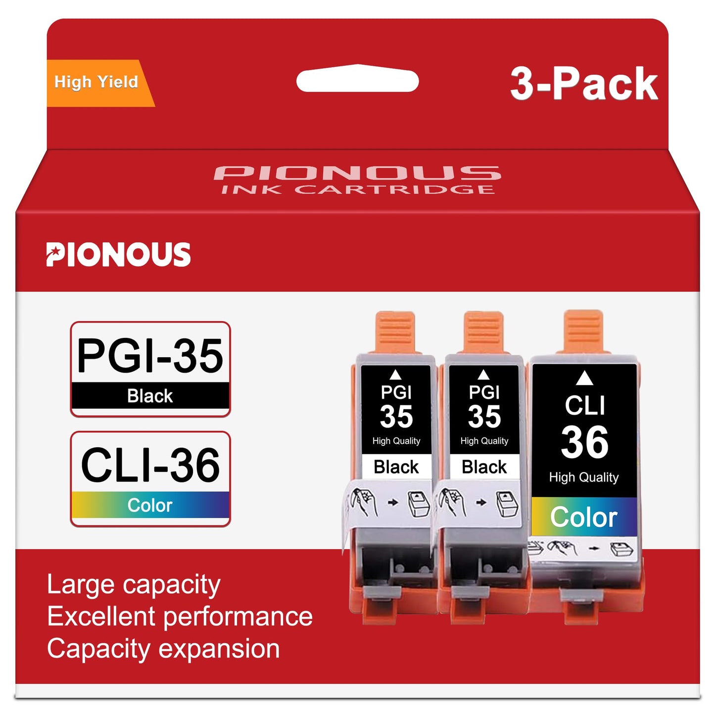 PGI-35 CLI-36 Ink Cartridges High Yield 3 Pack Replacement for Canon 35 36 Ink TR150 TR160 iP110 IP100 Mini260 Mini320 Printers (2Black / 1Tri-Color)