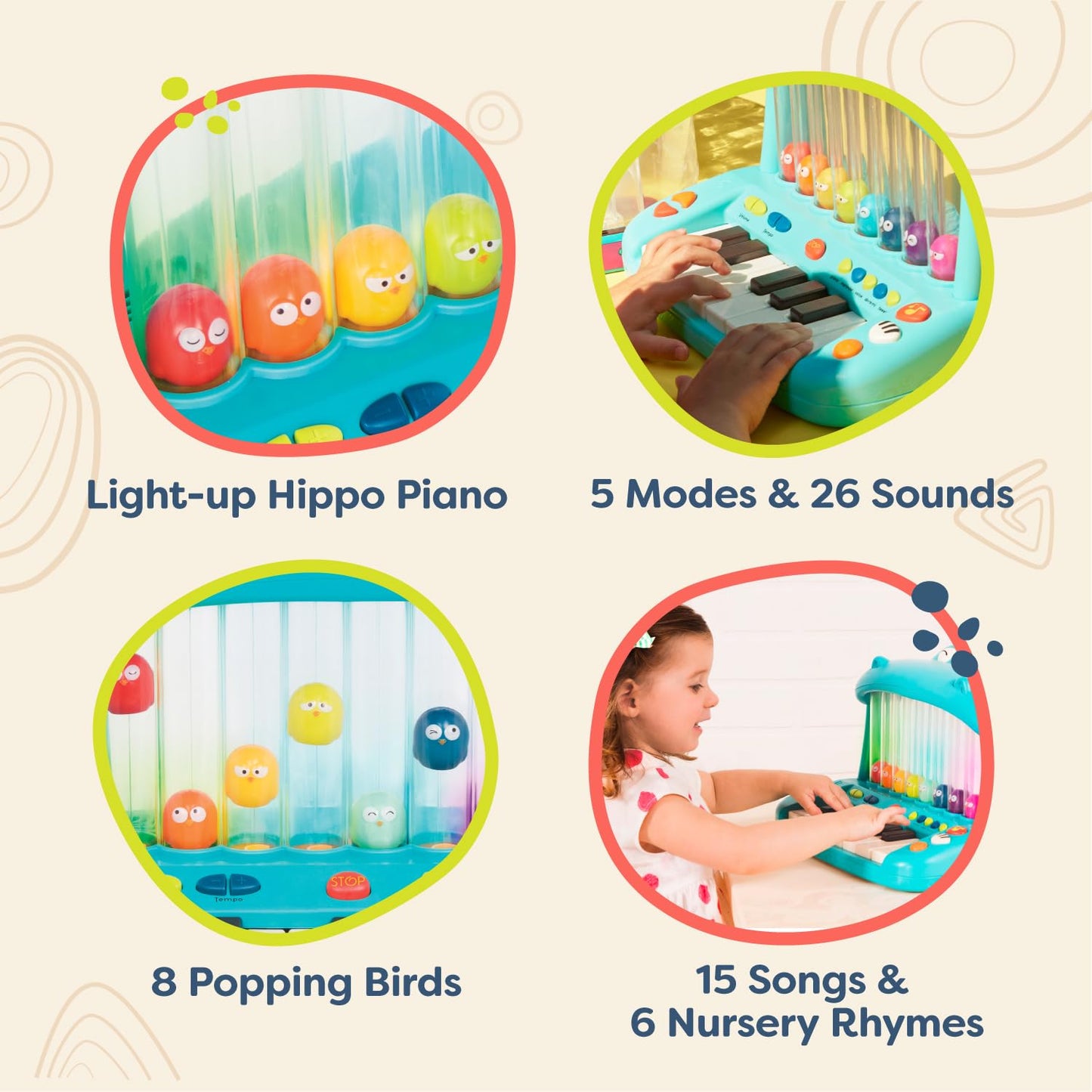 B. toys – Hippo Pop – Musical Toy Keyboard – Play Piano – Songs, Sounds & Lights – Musical Instrument for Toddlers, Kids – 12+ Months