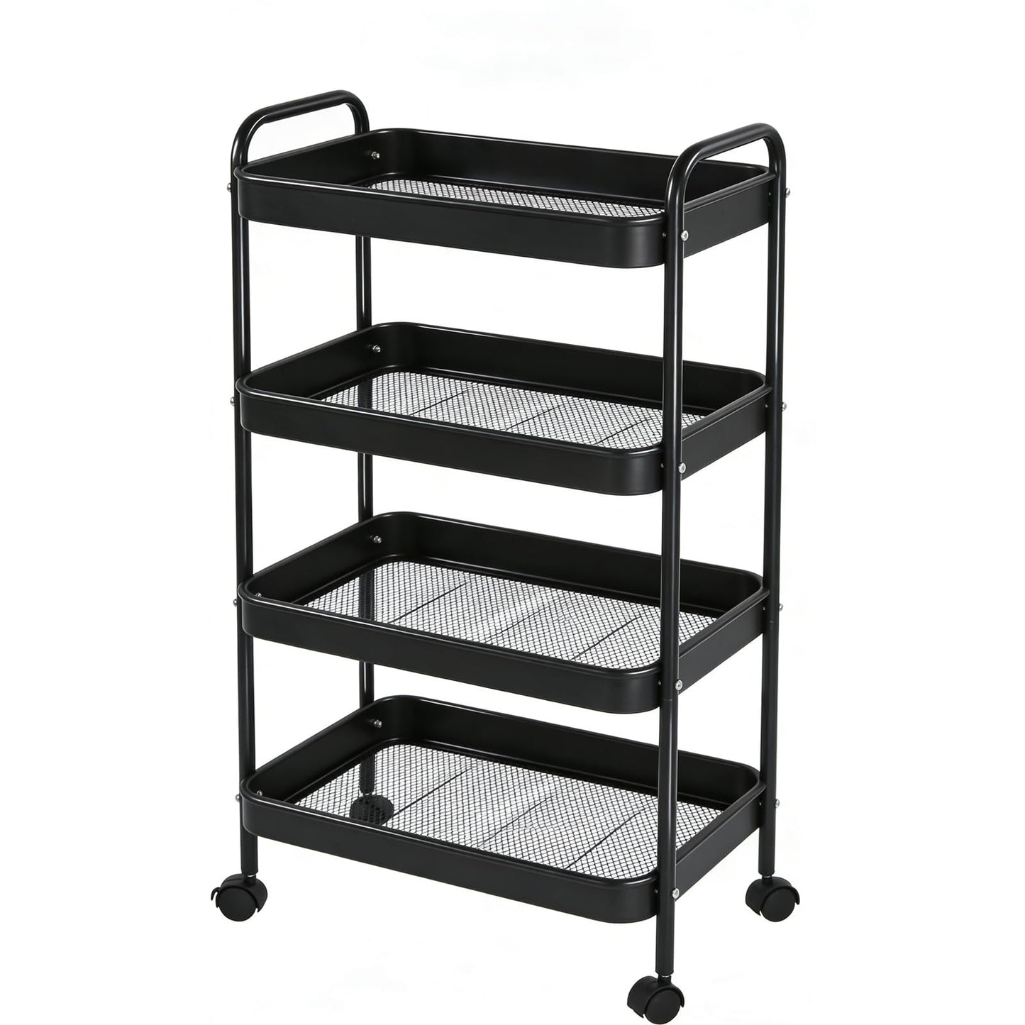 Metal Rolling Cart with Wheels, Utility Storage Cart with Handle and Lockable Casters, Storage Basket Organizer Shelves, Easy Assemble for Kitchen, Living Room, Office, Nursery (Black-4Tiers)