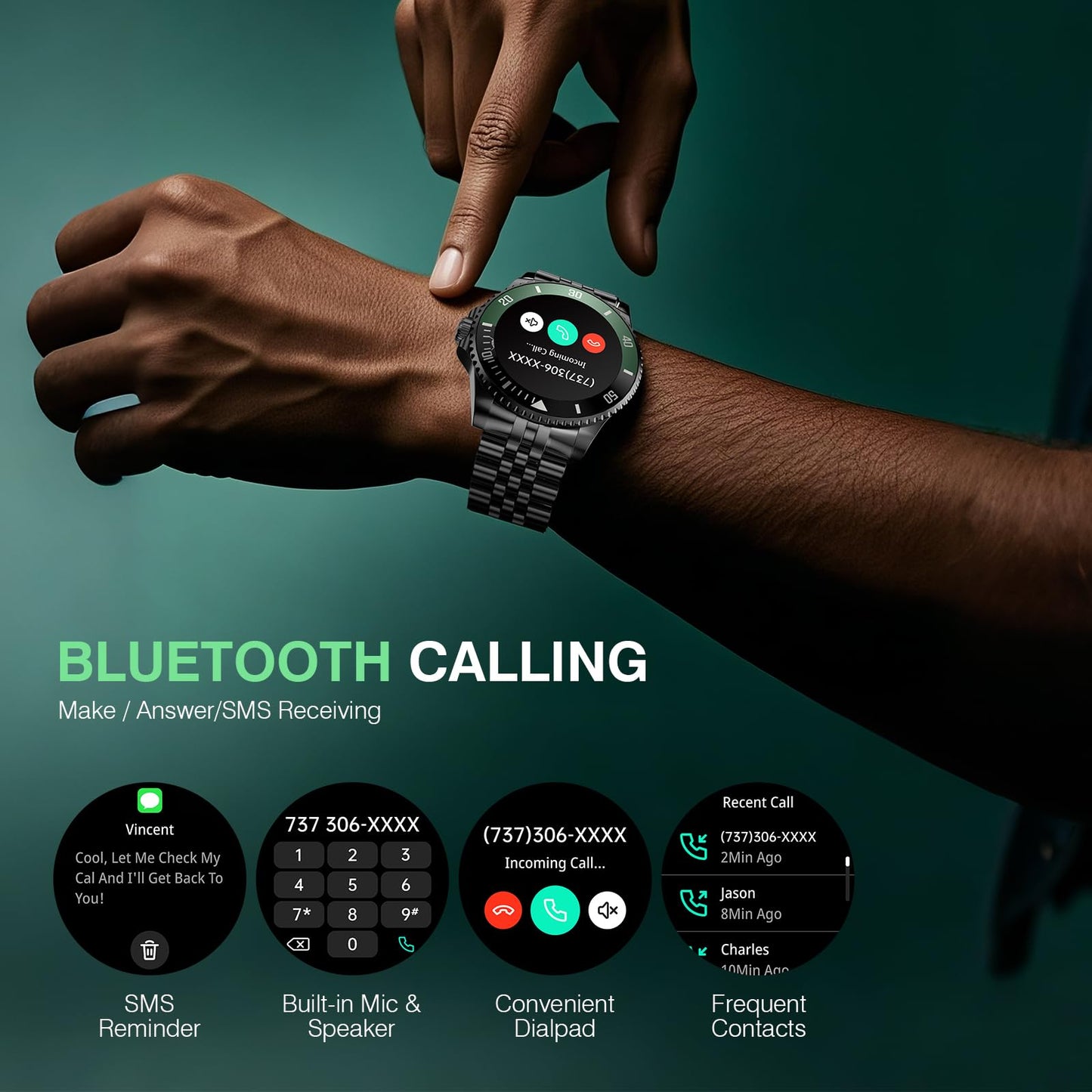 2025 DA GPT Smart Watch with Bluetooth Call, Heart Rate, Stress, Blood Oxygen, Sleep Monitor, 107 Sports Modes, Waterproof Round Watch, 1.19-inch AMOLED Display, Compatible Android and iOS Black Green