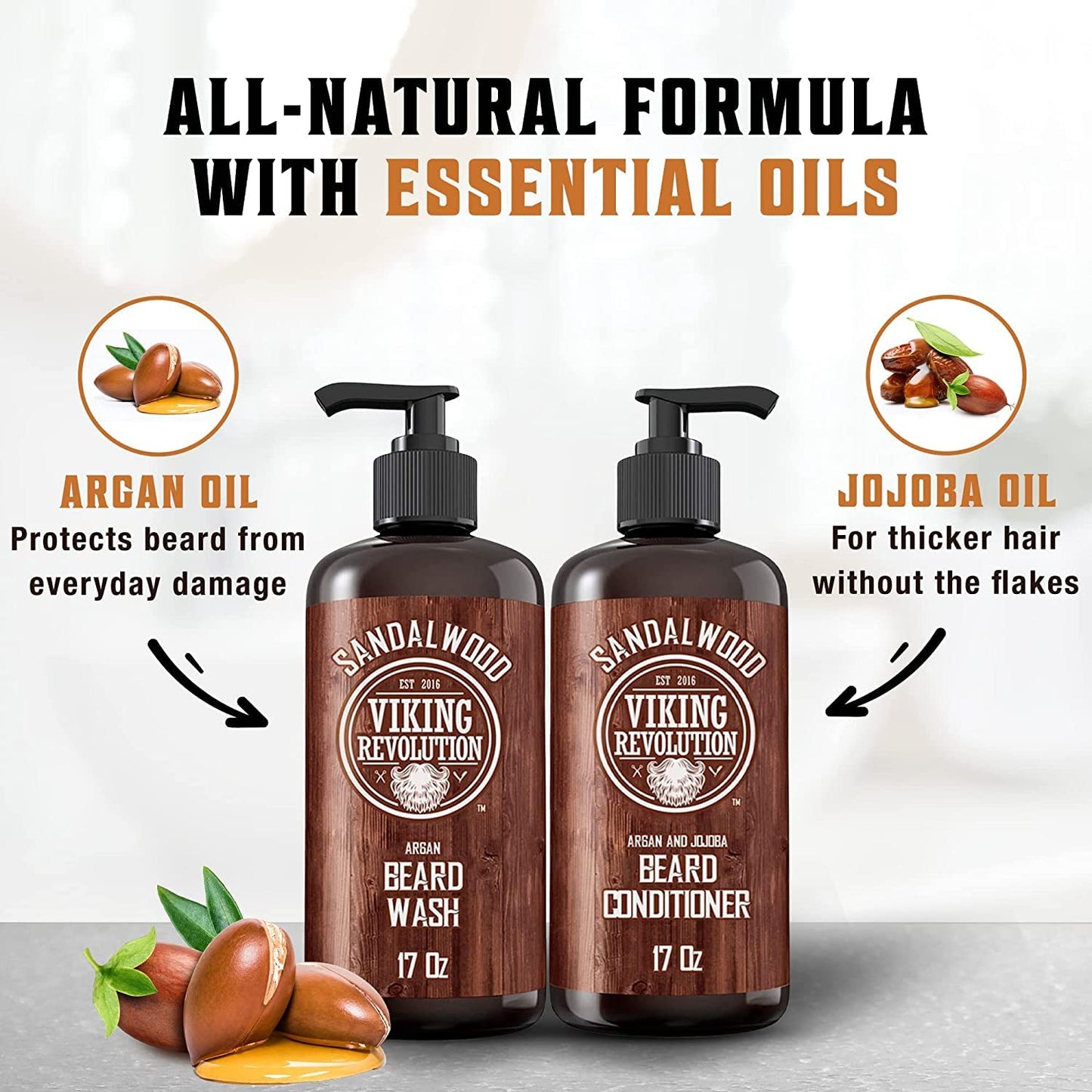 Viking Revolution - Beard Wash & Beard Conditioner Set With Argan & Jojoba Oil - Softens & Strengthens - Beard Shampoo & Conditioner - Sandalwood - 500 ml x 2