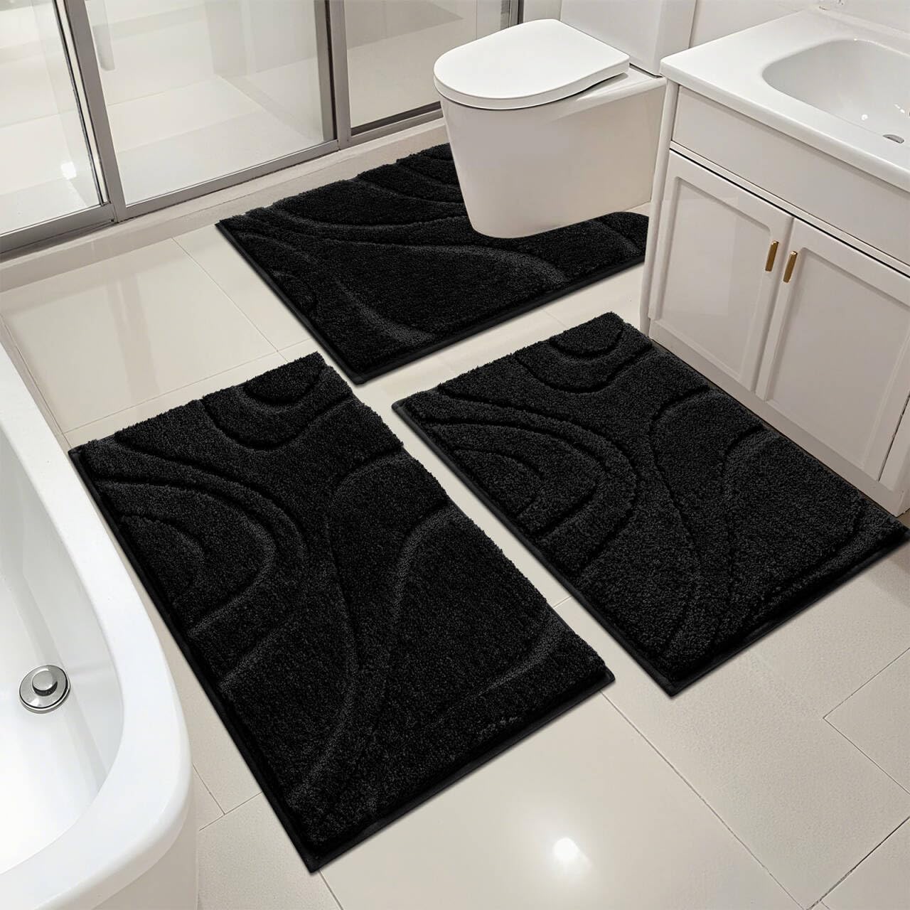 HEBE Microfiber Bath Mat Set 3 Piece, Ultra Absorbent Bathroom Mat, Non-Slip Plush Shaggy Bathroom Rug, Machine Washable Bath Mats for Bathroom Floor, Tub and Shower, Black