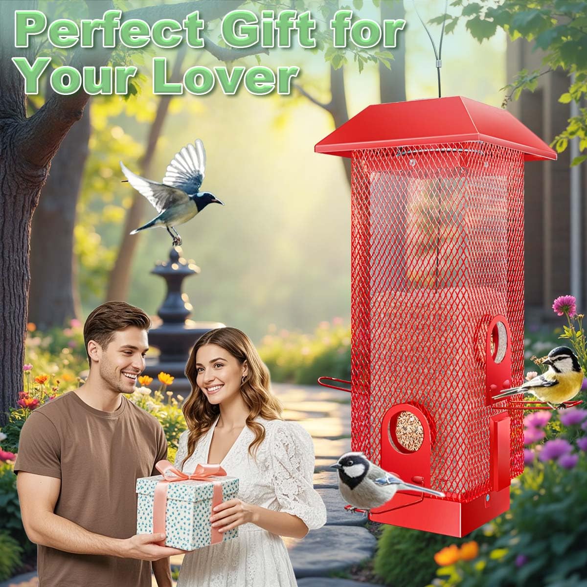 Squirrel Proof Bird Feeder,2.5Lbs Bird Feeders for Outdoors Hanging, Metal Birds Feeder with 4 Feeding Ports, Wild Birds Feeder for Cardinal, Finch, Sparrow (Red)