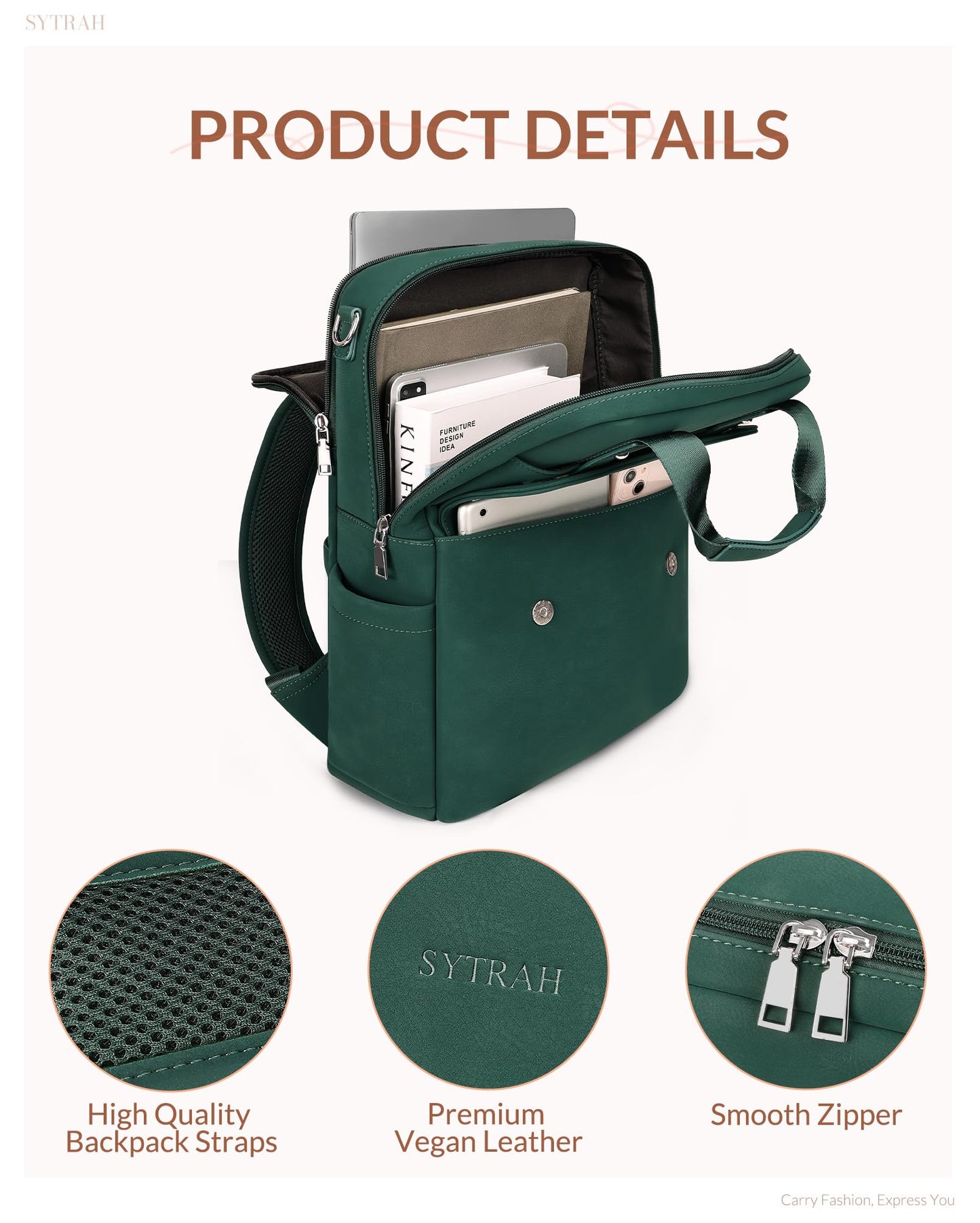 SYTRAH Leather Laptop Backpack 15.6 Inch Womens Laptop Bag, 3 IN 1 Computer Bag Handbag with Colorful Shoulder Bag Strap for Work Travel College Green