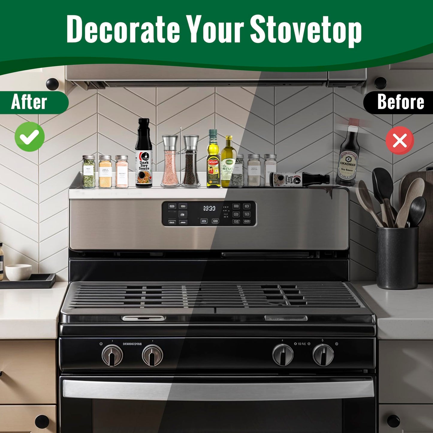 RECAPS 30" Adjustable Length Stainless Steel Stove Top Shelf Spice Rack Organizer Storage Over The Stove Spice Rack Storage Kitchen Organization Stove Shelf for Back of Stove