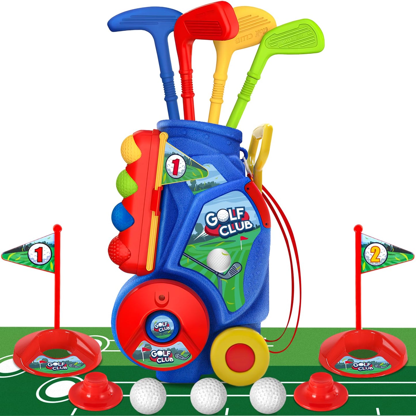 SUPER JOY Toddler Golf Set with Mat, Kids Golf Cart with 4 Clubs & 8 Balls, Indoor Outdoor Golf Toys for Boys Girls, Mini Golf Gifts for Baby 3-5 Years Old