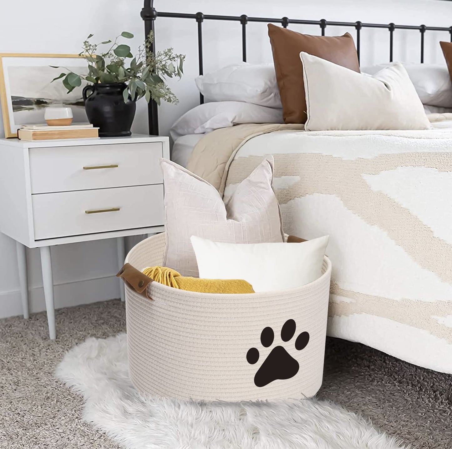 Geyecete Round Dog Dog Toy Basket Storage Weave Rope Storage Basket Pet/Doy Toy Box Dog Storage Basket-Beige
