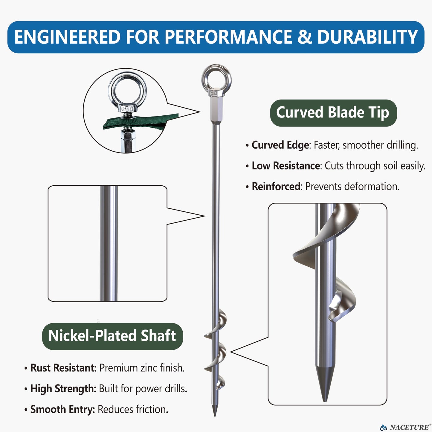 NACETURE 18-Inch Heavy Duty Ground Anchors Screw in, 4 Pack Earth Anchor Kit with Manual & Power Wrench, Tie-Down Straps and Stainless Steel Eye Bolts for Trampoline, Swing Set, Shed, Tent and Canopy