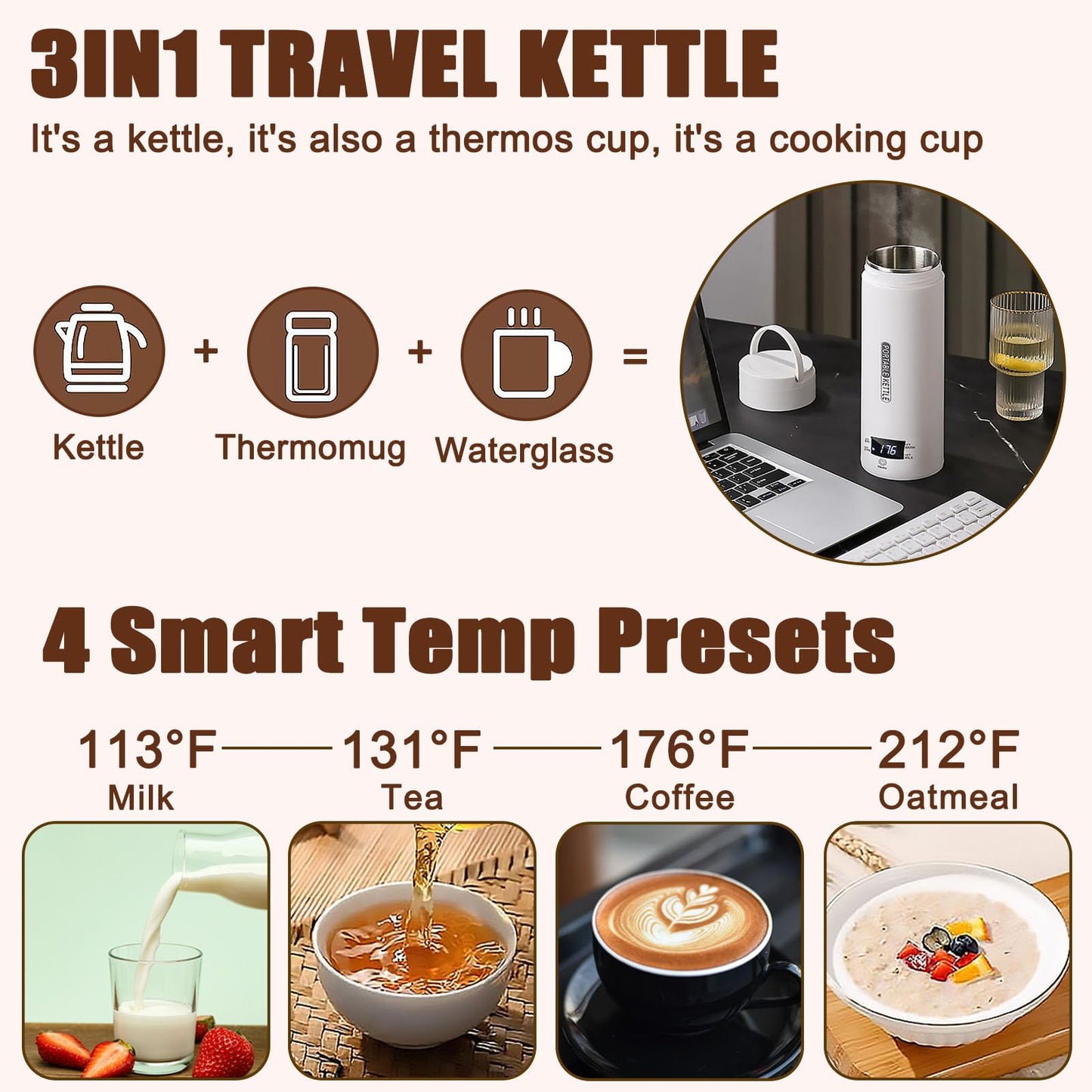 Portable Electric Kettle, Electric Travel Kettle With 4 Smart Tempe Preset, Mini Tea Kettle Leakproof Coffee Kettle with Clean Brush and Auto Shut-Off