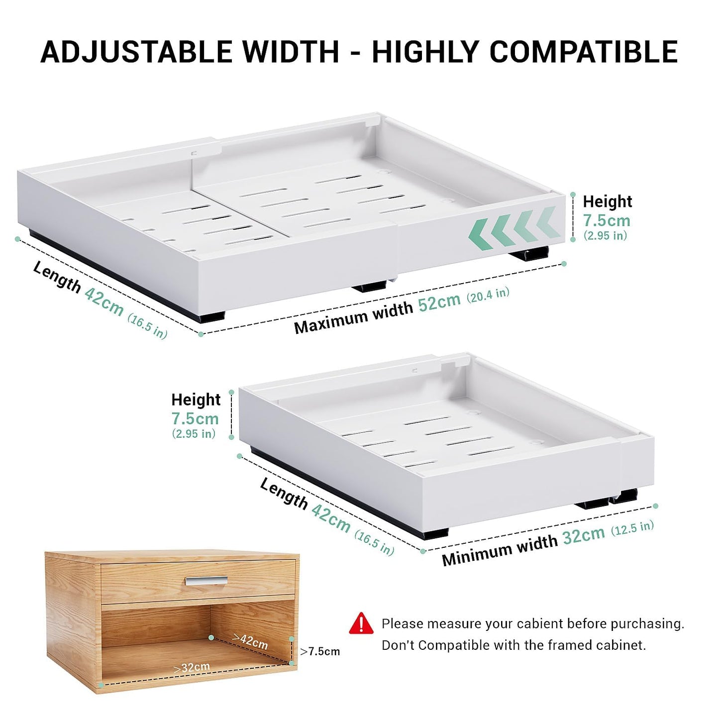 Expandable Pull Out Cabinet Organizer, 12.6"-20.5" Pull Out Drawers for Kitchen Cabinets, Slide Out Drawers for Kitchen Cabinets, Slide Out Drawers Organizer, Fixed with Adhesive Nano (White, 1pc)