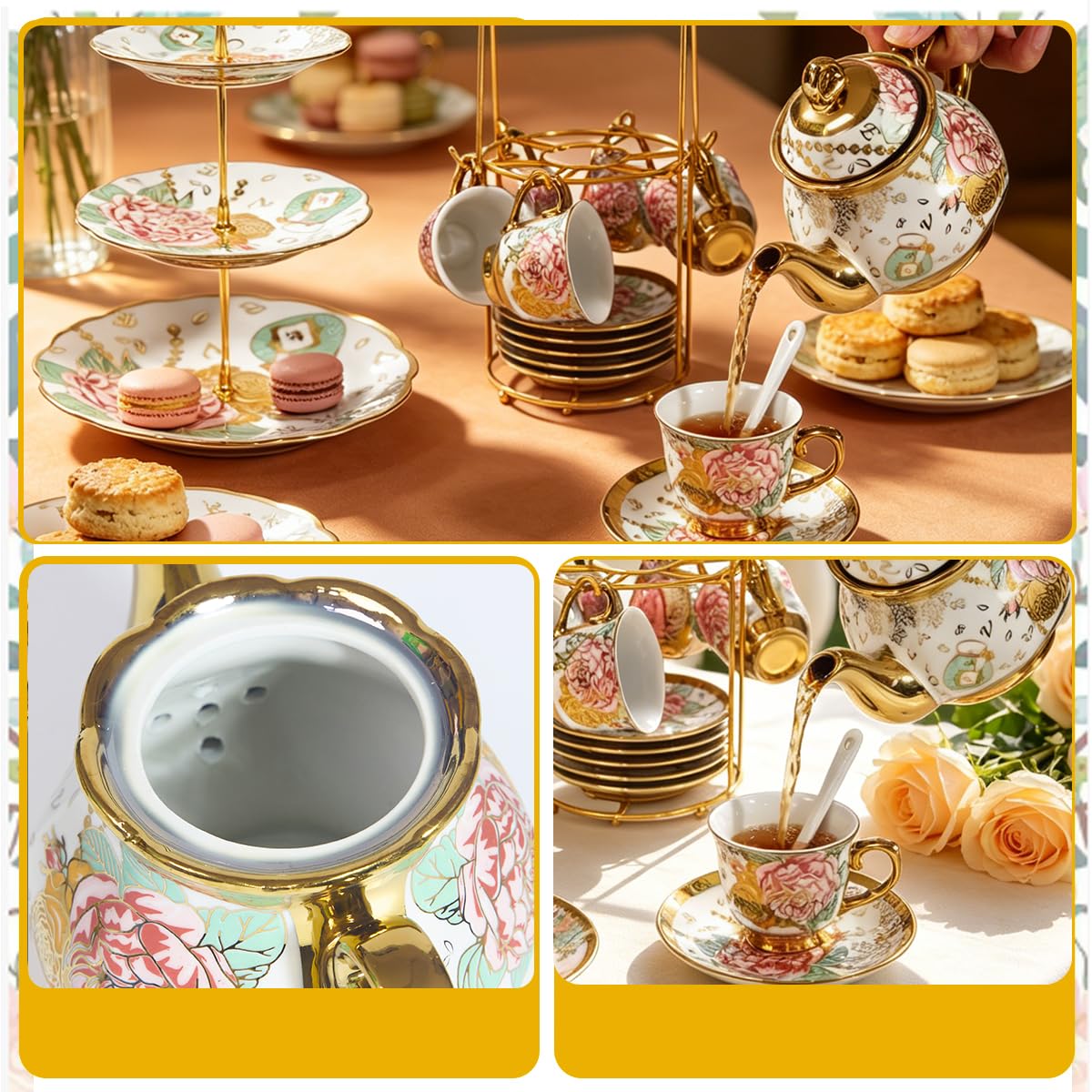CHANJOON Gold Plated Red Rose Ceramic Tea Sets, Vintage Tea Set with Teapot, Beautiful Tea Set Coffee Serving 6 People (Golden, Medium)