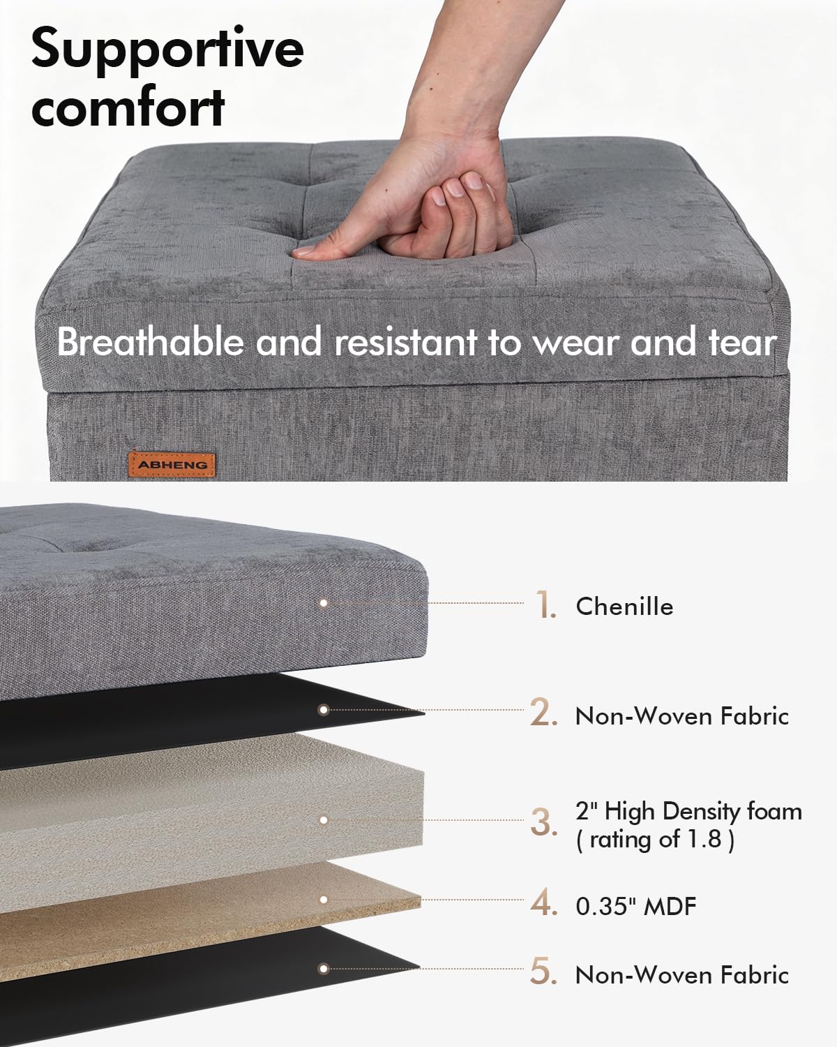 ABHENG Steel Frame Square Storage Ottoman Cube 45 x 45 x 45 cm,Tufted Upholstered Foot Stool Footrest with Legs,for Dorm Living Room Chenille Gray CASND641G