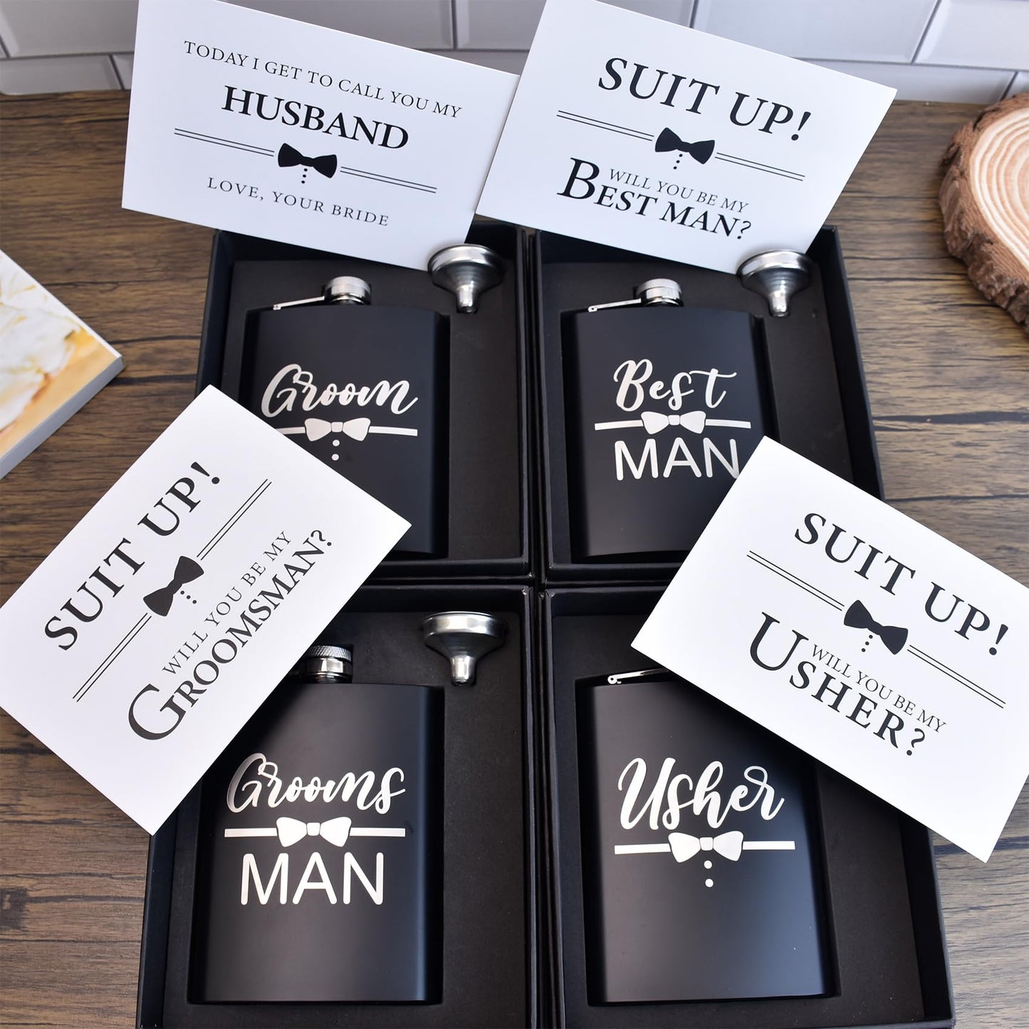 ELEGANTPARK Groomsmen Gifts Set of 6 Best Man Groom Flask Groomsmen Proposal Gift for Wedding Bachelor Party Favors Black Engraved Hip Flask Stainless Steel 8 oz