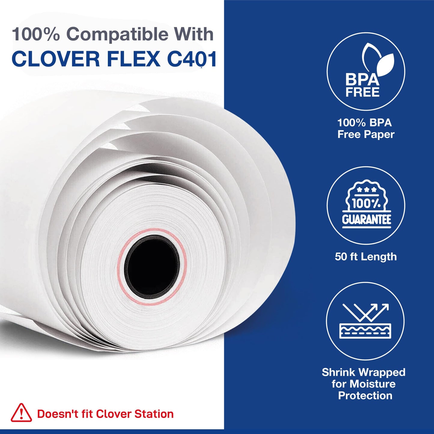 Clover Flex Paper Rolls - 30 Rolls - 2 1/4'' x 50’ - 55 GSM - Credit Card Clover Flex Receipt Paper for C401, C403, C405, C406