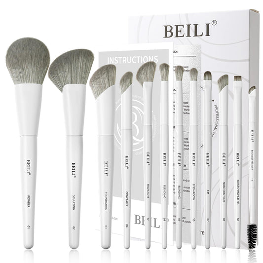 BEILI Makeup Brush Set,White Makeup Brush Set, 12 Vegan Makeup Brushes for Powder Foundation, Concealer, Eyebrows, Eyeshadow, Contour, Eyeliner, Blender Eye Brush