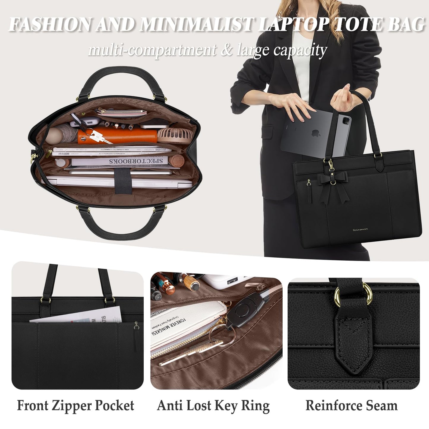 RAINSMORE Work Tote Bags for Women 15.6 Inch Laptop Bag Womens Waterproof PU Laptop Purse with Large Bow Laptop Briefcase for Office Computer Travel Shoulder Handbag, Black