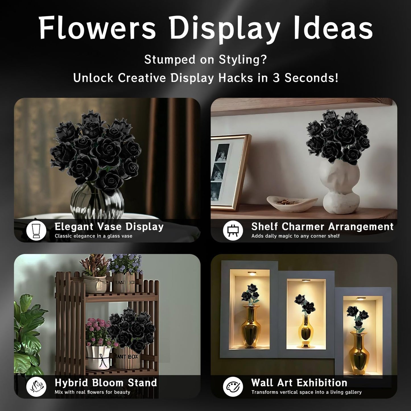 Black Roses Bouquet Building Set, Artificial Flowers Botanical Collection Building Block for Adults, Gothic Decor for Women, Girls, Compatible with Lego Flowers, 11009 (585PCS)