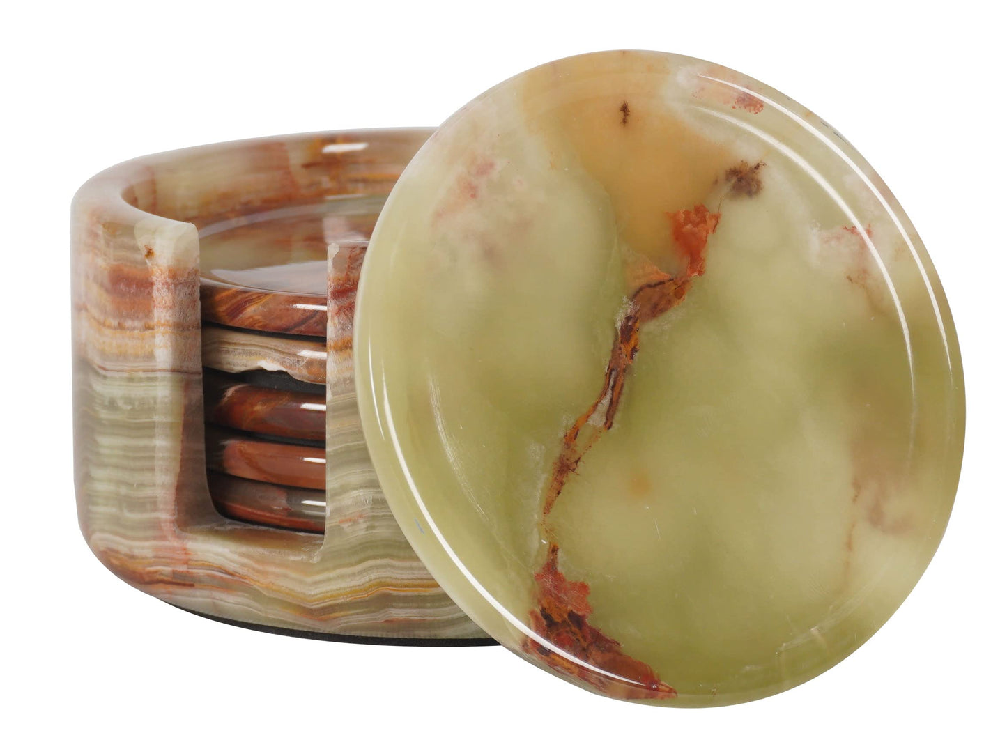 Marble Coasters Set of 6 Green Onyx 3.5 Inch with Holder Natural Stone Drink Coasters for Coffee Table, Luxury Round Cup Coasters for Home Decor, Bar & Housewarming Gifts