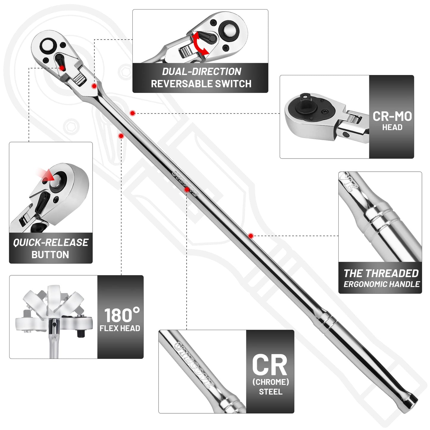 UYECOVE 3/8-Inch Drive Flex Head Ratchet With Long Handle - 72 Tooth Quick Release Swivel Socket Wrench - Cr-Mo Head, Flexible Handle - 18/457mm