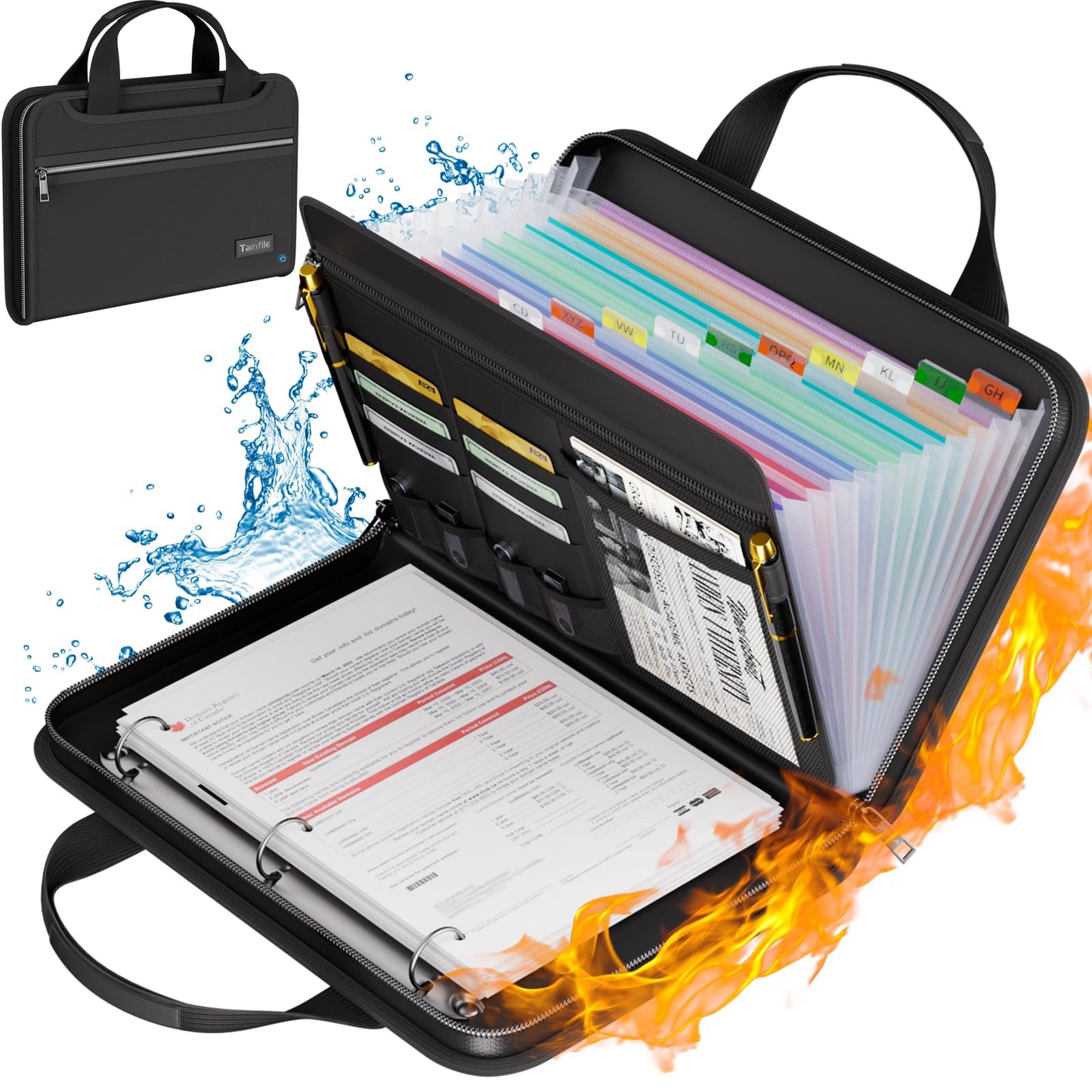 Tamfile Fireproof Accordion File Folder with Handle, Expanding File Folder with 13 Pockets Zipper and Labels, File Folder with 3 Rings, Multiple Pockets, Paper Organizer for A4 Folder
