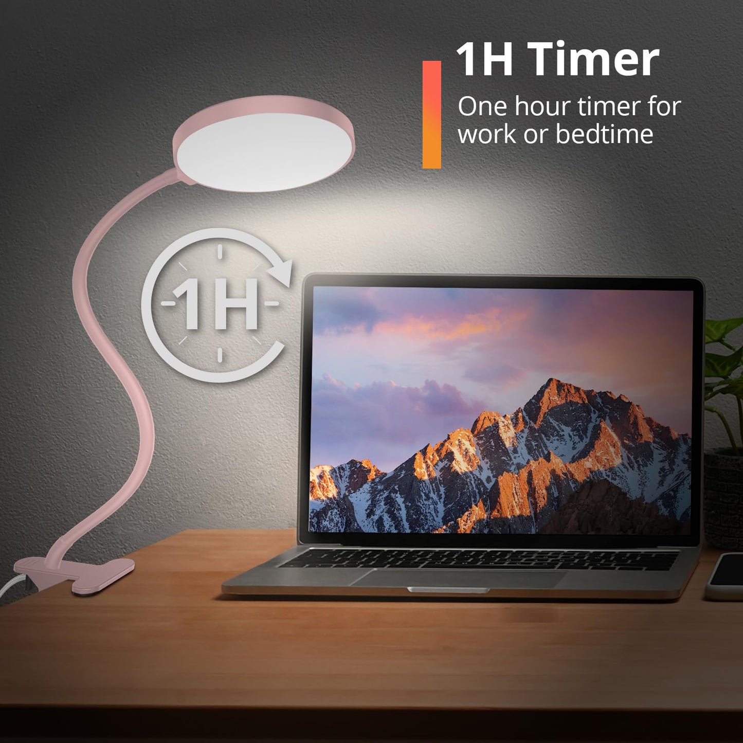 Reading Light with Remote, LED Desk Lamp Clip on [1H Timer & Nightlight] RA>95 Dimmable Silicone Flexible Arm, USB Reading Lamp Clamp for Table - 4.7'' (Adapter Included) -Pink