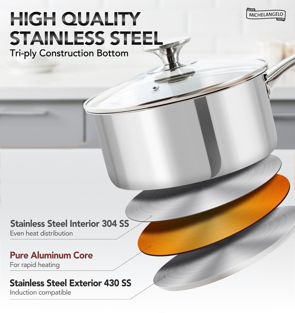 MICHELANGELO Stainless Steel Saucepan Set with Lids, 1 QT and 3 QT Saucepan Pot Set, Nonstick Saucepans, 4 Piece, Dishwasher Safe, Induction Compatible