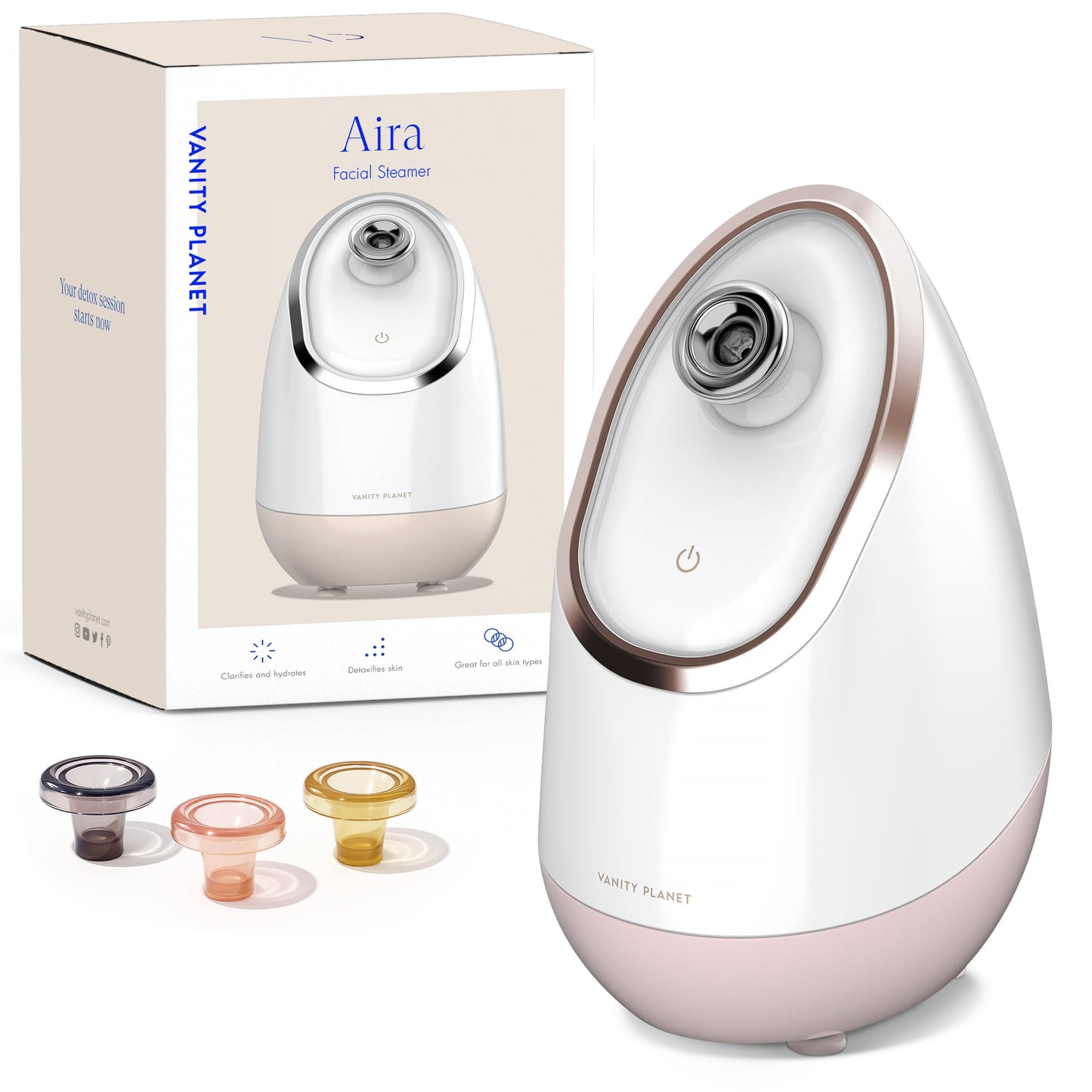Aira Nano Ionic Facial Steamer by Vanity Planet - (Rose Gold) - Unclog Pores & Blackheads Cleaner Detoxifies, Cleanses & Moisturizes Skin - Adjustable Nozzle with Water Tank & 3 Essential Oil Baskets