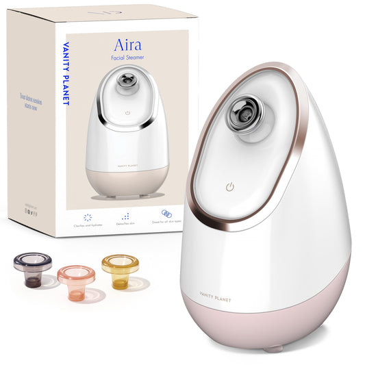 Aira Nano Ionic Facial Steamer by Vanity Planet - (Rose Gold) - Unclog Pores & Blackheads Cleaner Detoxifies, Cleanses & Moisturizes Skin - Adjustable Nozzle with Water Tank & 3 Essential Oil Baskets
