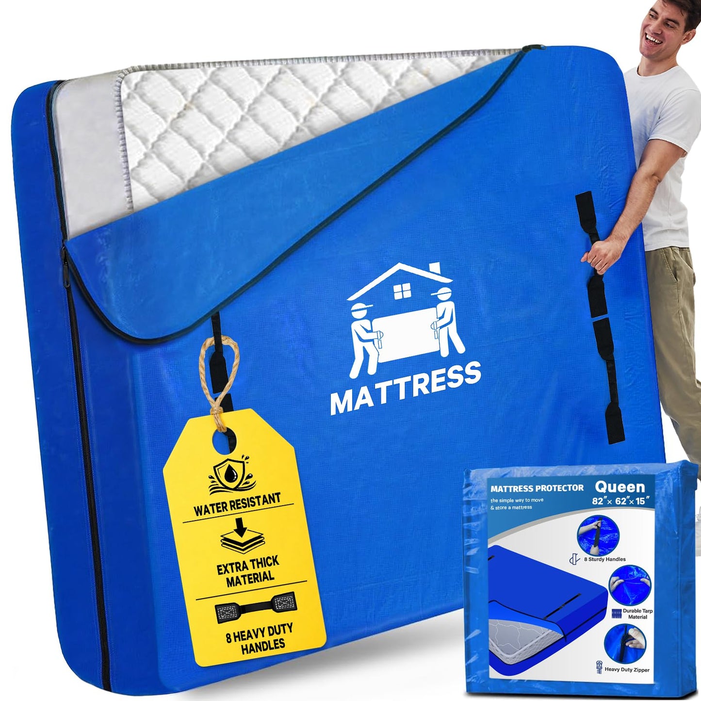Mattress Bag for Moving, BETU Waterproof Mattress Protector Mattress Cover (Queen) Storage Bags with 8 Heavy-Duty Handles and Zipper for Bed Extra Thick Large Reusable (82"x62"x15" Blue)